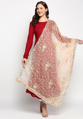 Peach Coloured And Green Floral Embroidered Organza Dupatta