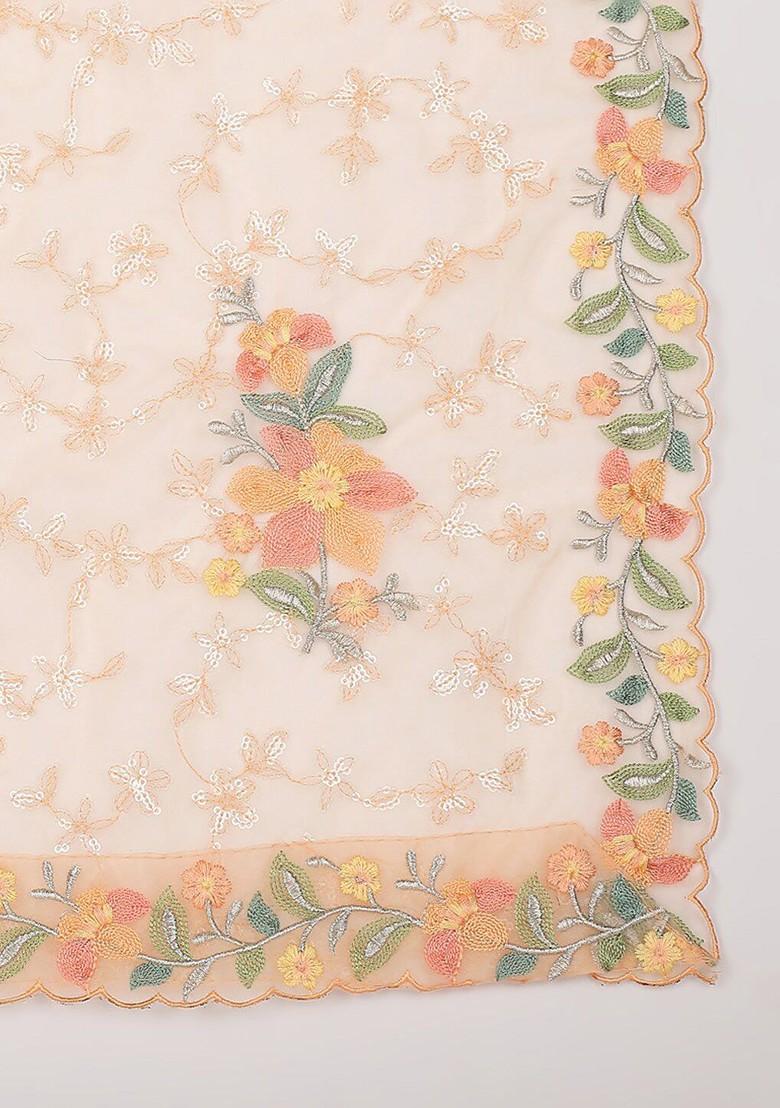 Peach Coloured And Green Floral Embroidered Organza Dupatta