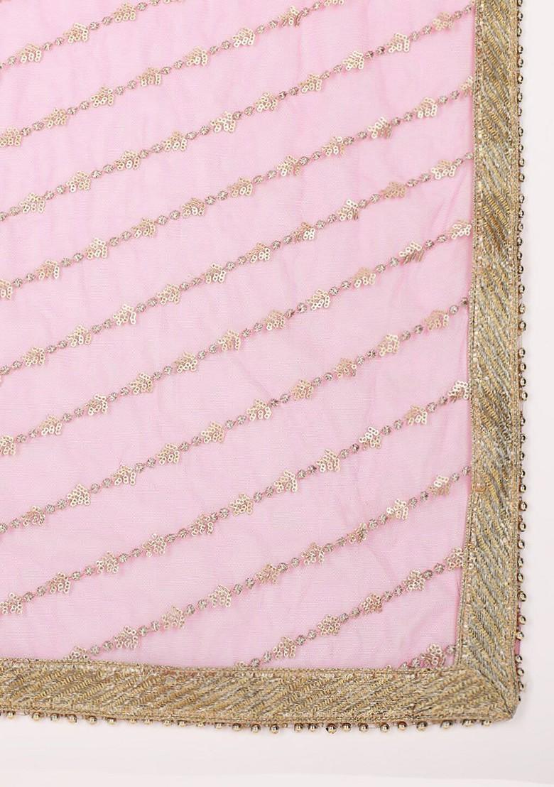 Fuchsia And Gold Toned Ethnic Motifs Embroidered Dupatta With Zardozi