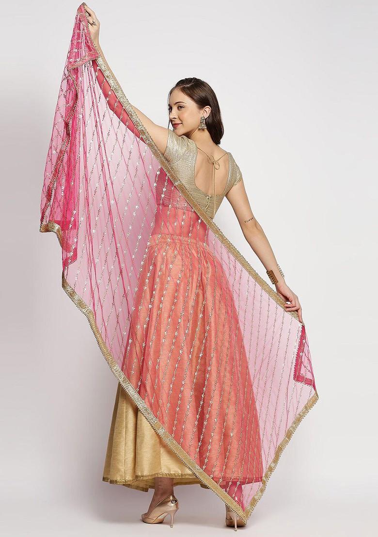 Fuchsia And Gold Toned Ethnic Motifs Embroidered Dupatta With Zardozi