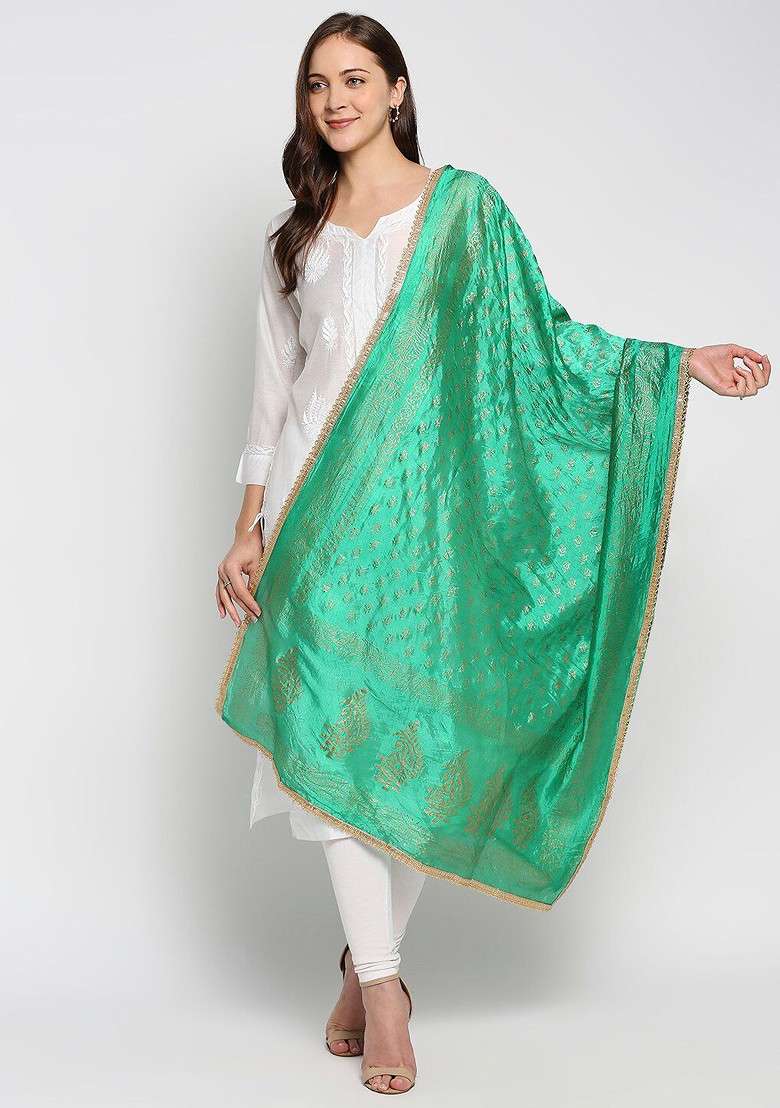 Green And Gold Toned Ethnic Motifs Printed Khari Print Dupatta - Indya