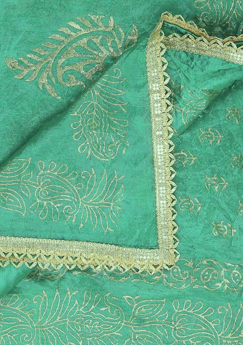 Green And Gold Toned Ethnic Motifs Printed Khari Print Dupatta - Indya