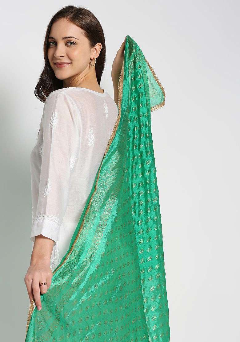 Green And Gold Toned Ethnic Motifs Printed Khari Print Dupatta - Indya