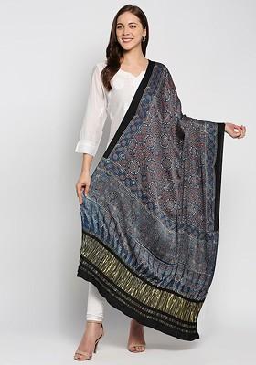 Blue And White Ethnic Motifs Printed Pure Silk Block Print Dupatta With Zari