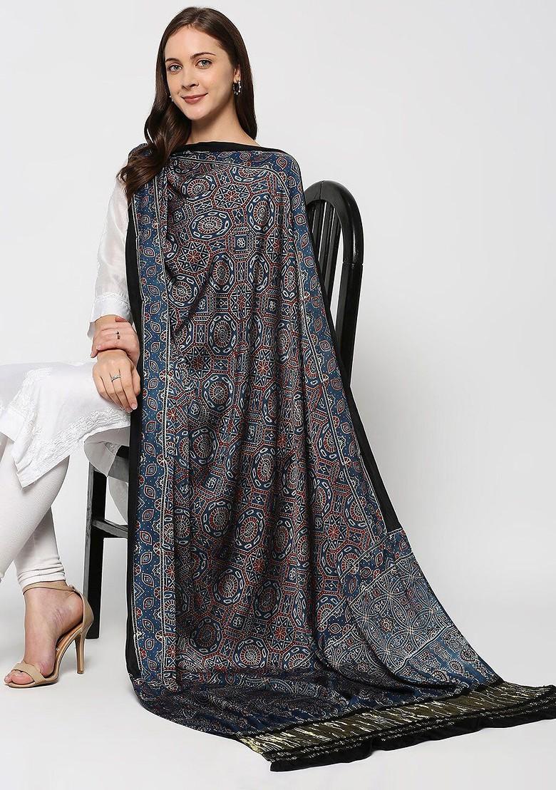 Blue And White Ethnic Motifs Printed Pure Silk Block Print Dupatta With Zari