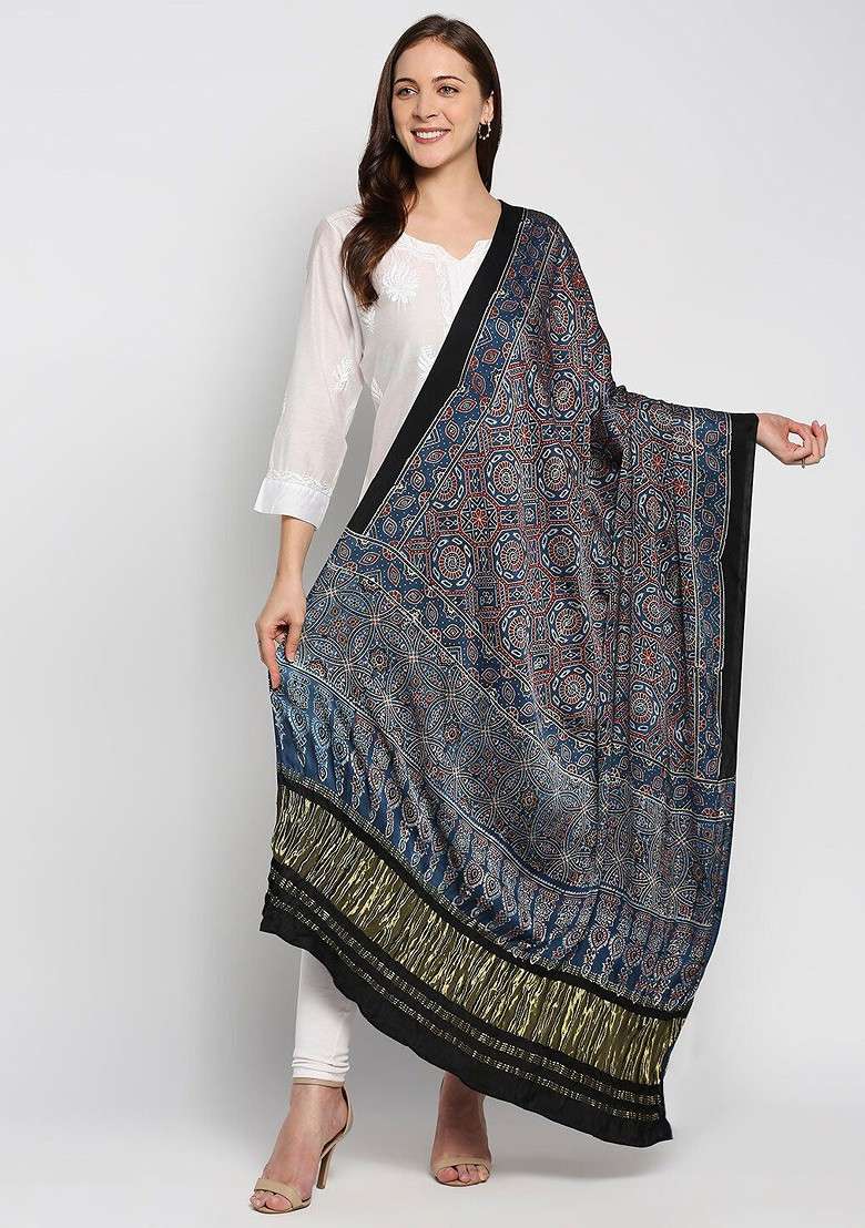 Blue And White Ethnic Motifs Printed Pure Silk Block Print Dupatta With Zari - Indya