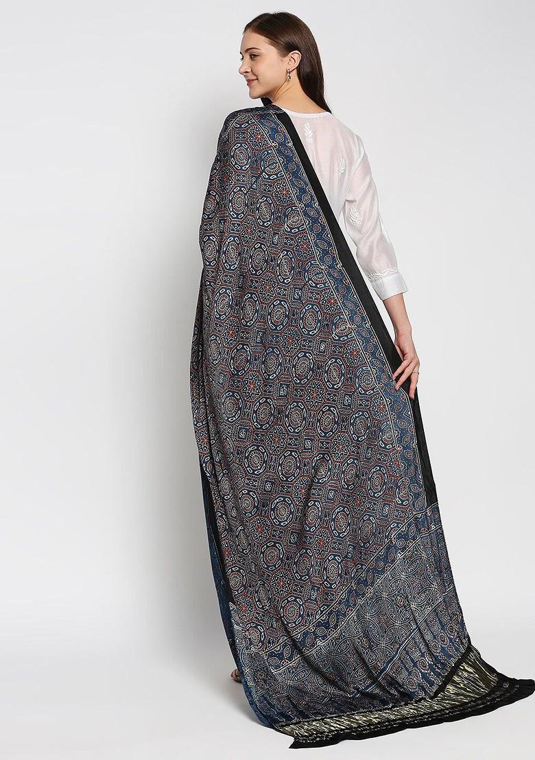 Blue And White Ethnic Motifs Printed Pure Silk Block Print Dupatta With Zari
