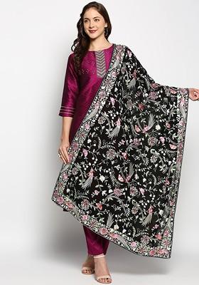 Black And Pink Embroidered Dupatta With Thread Work