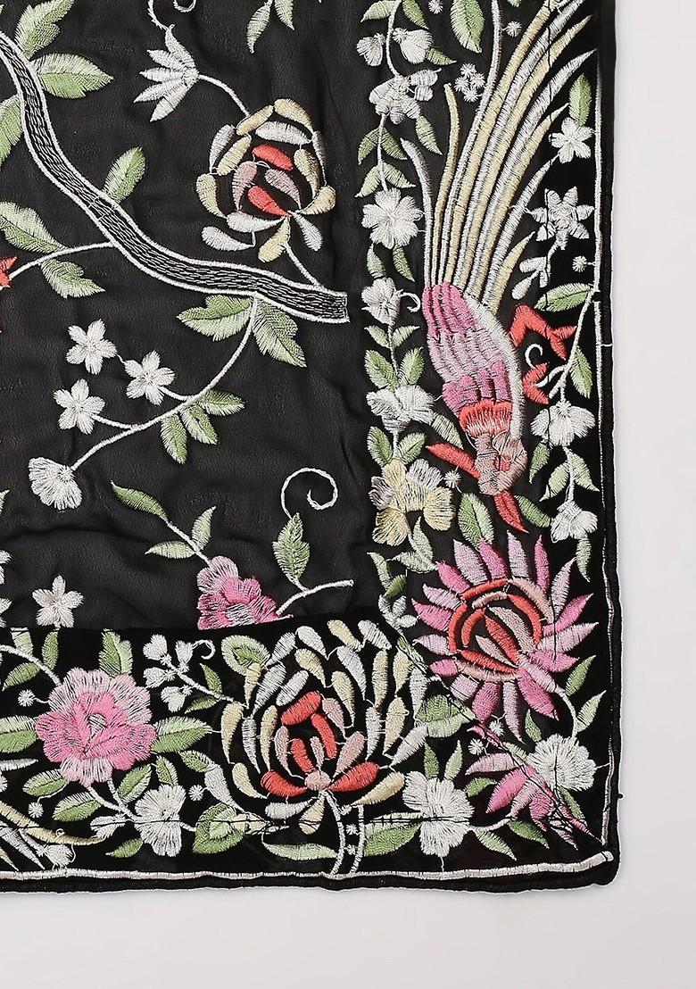 Black And Pink Embroidered Dupatta With Thread Work