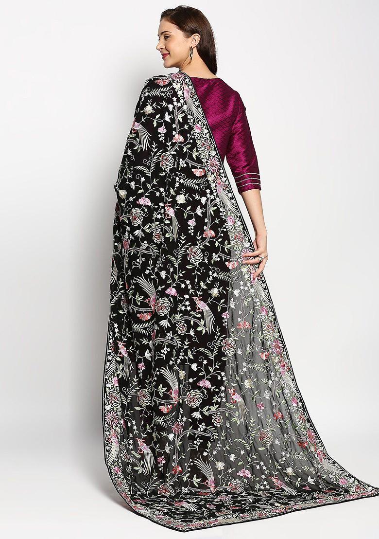 Black And Pink Embroidered Dupatta With Thread Work