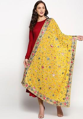 Yellow And Pink Embroidered Dupatta With Thread Work