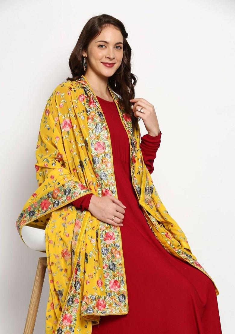 Yellow And Pink Embroidered Dupatta With Thread Work