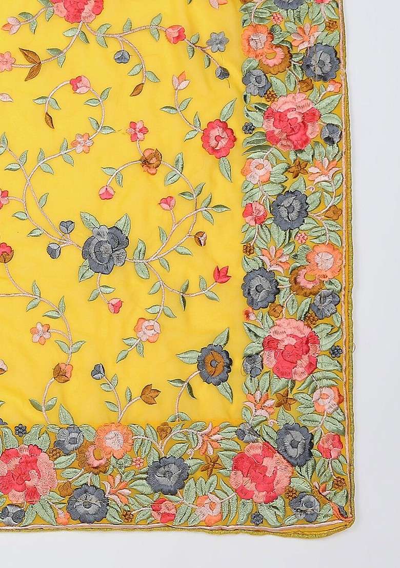 Yellow And Pink Embroidered Dupatta With Thread Work - Indya