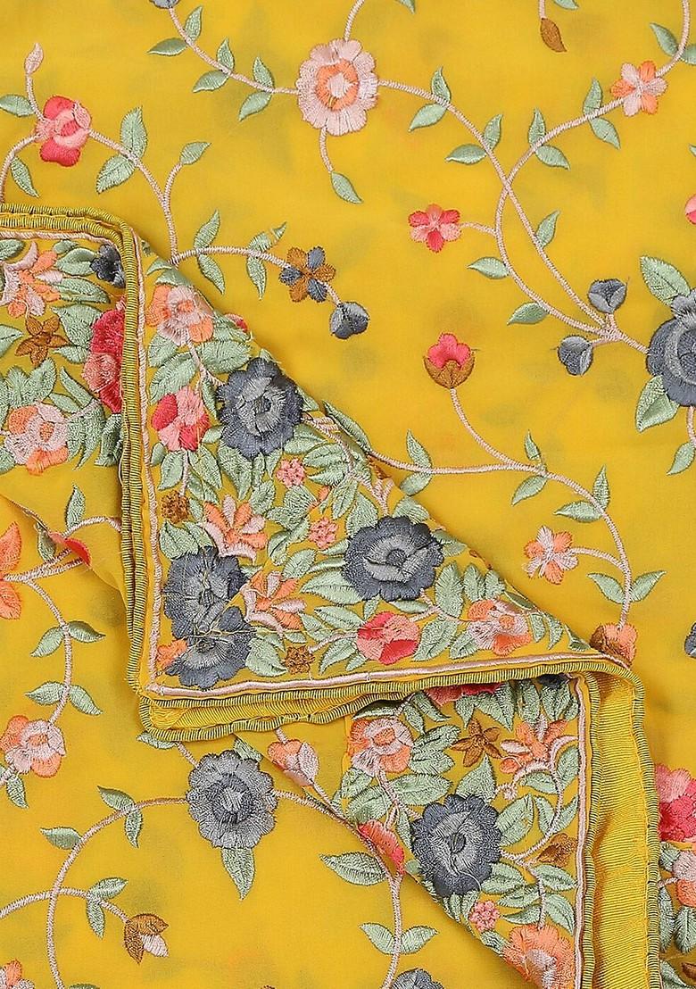 Yellow And Pink Embroidered Dupatta With Thread Work