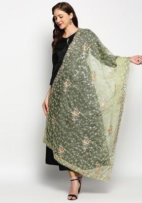 Green And Red Floral Embroidered Organza Dupatta