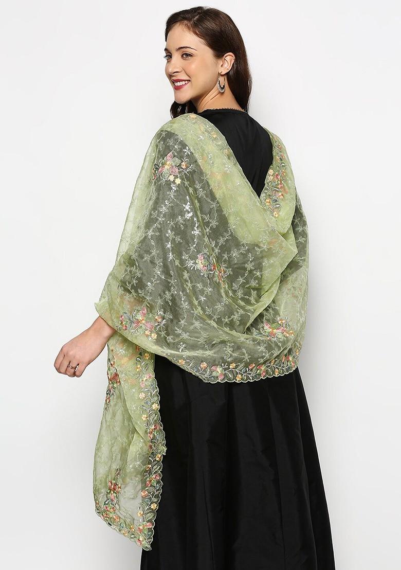Green And Red Floral Embroidered Organza Dupatta