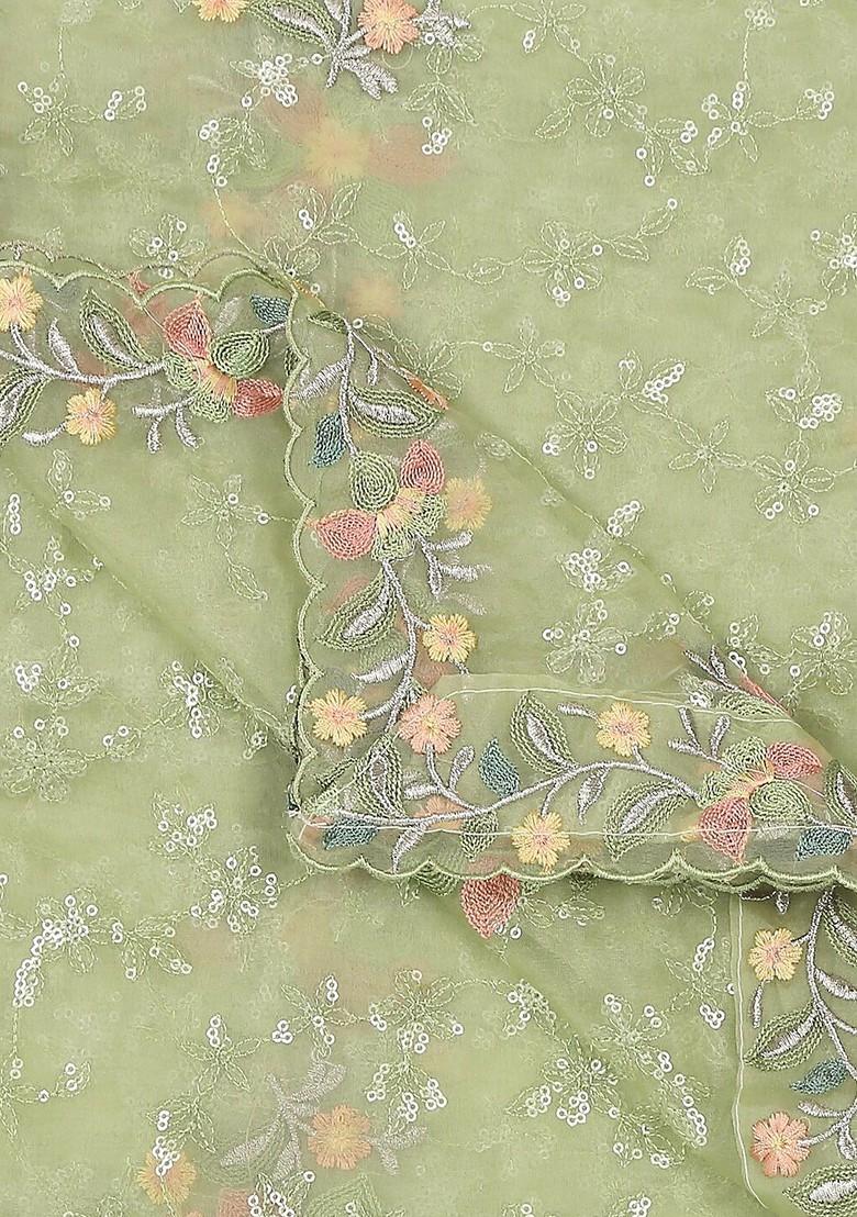 Green And Red Floral Embroidered Organza Dupatta
