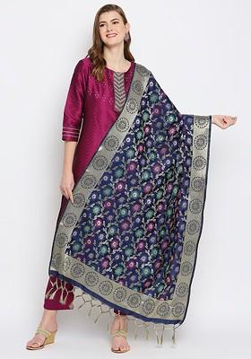 Navy Blue And Silver Toned Woven Design Banarasi Silk Dupatta