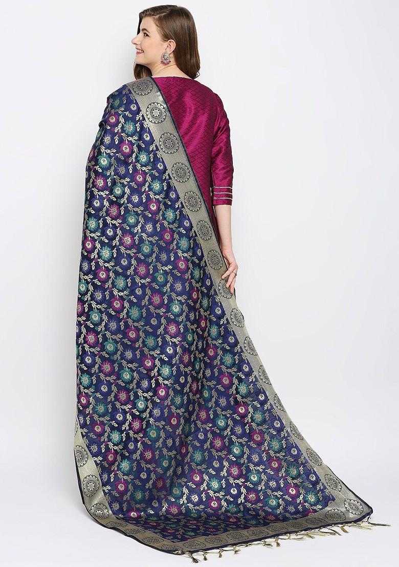 Navy Blue And Silver Toned Woven Design Banarasi Silk Dupatta