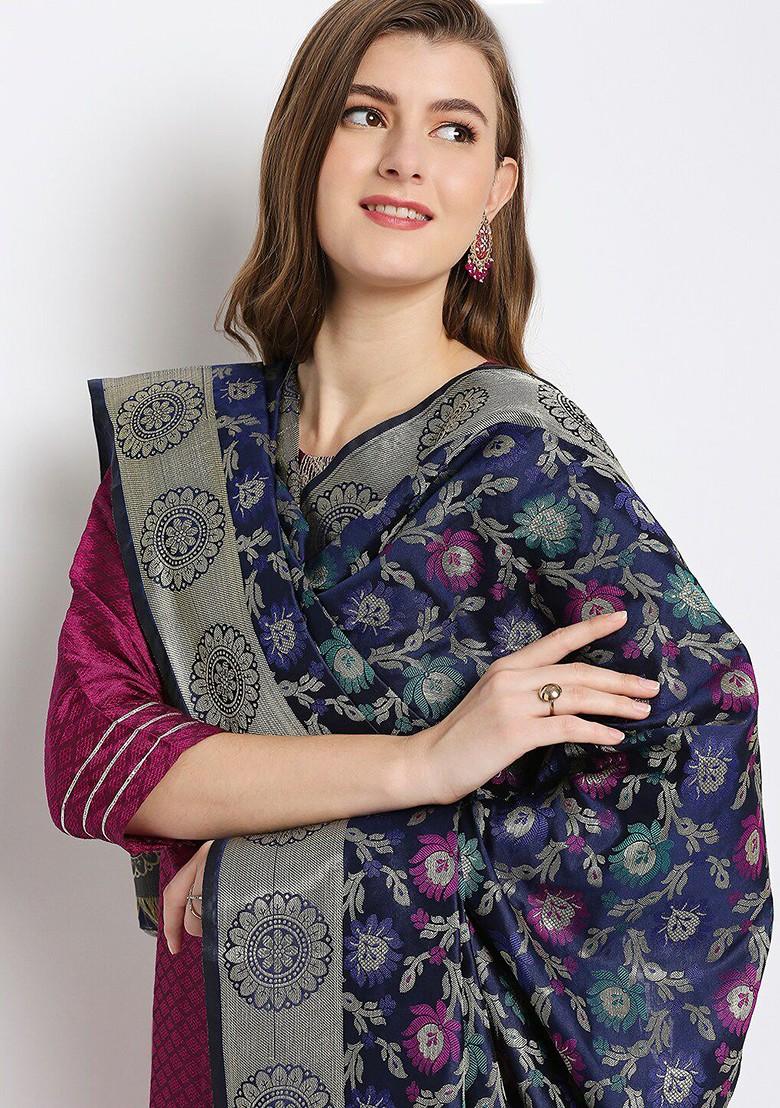 Navy Blue And Silver Toned Woven Design Banarasi Silk Dupatta