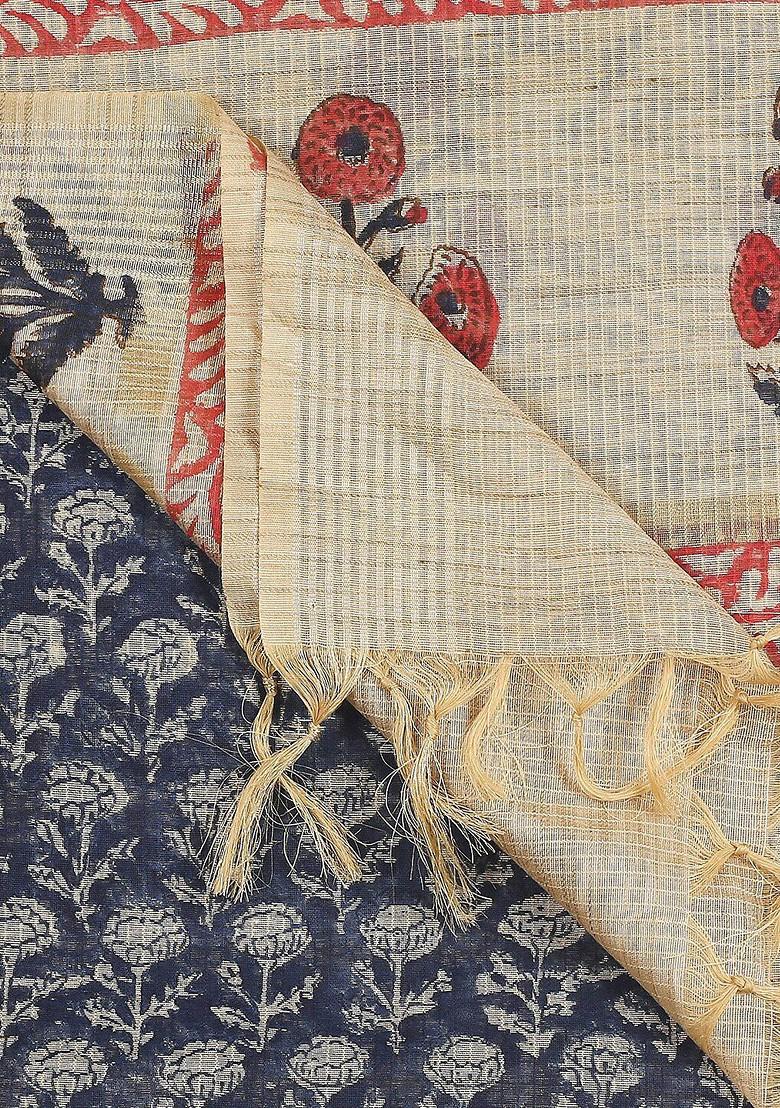Navy Blue And Beige Printed Block Print Dupatta