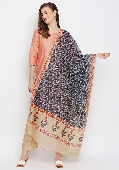 Navy Blue And Beige Printed Block Print Dupatta