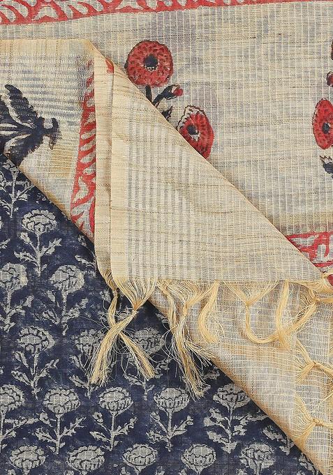 Navy Blue And Beige Printed Block Print Dupatta