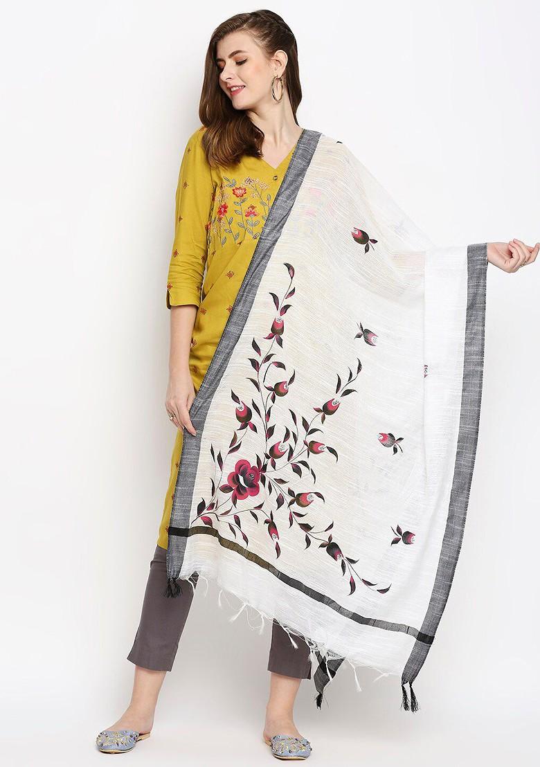 White And Grey Printed Cotton Silk Dupatta
