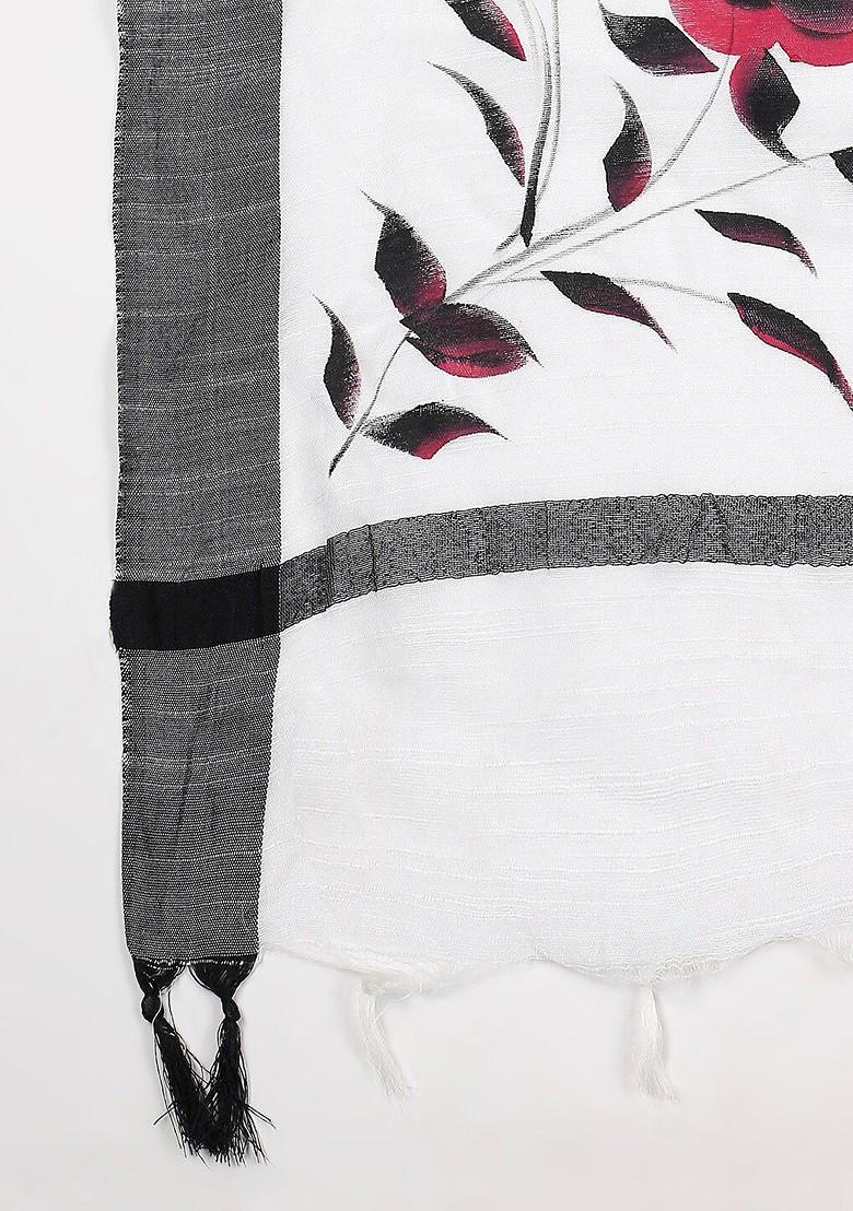 White And Grey Printed Cotton Silk Dupatta