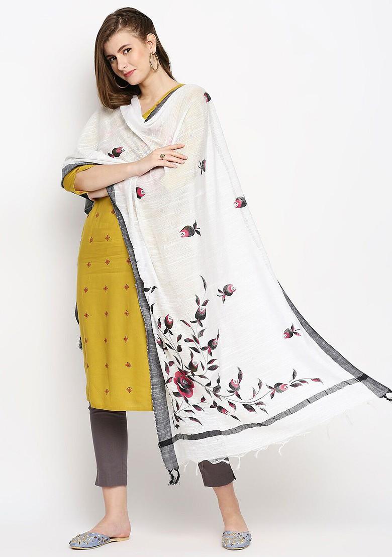 White And Grey Printed Cotton Silk Dupatta