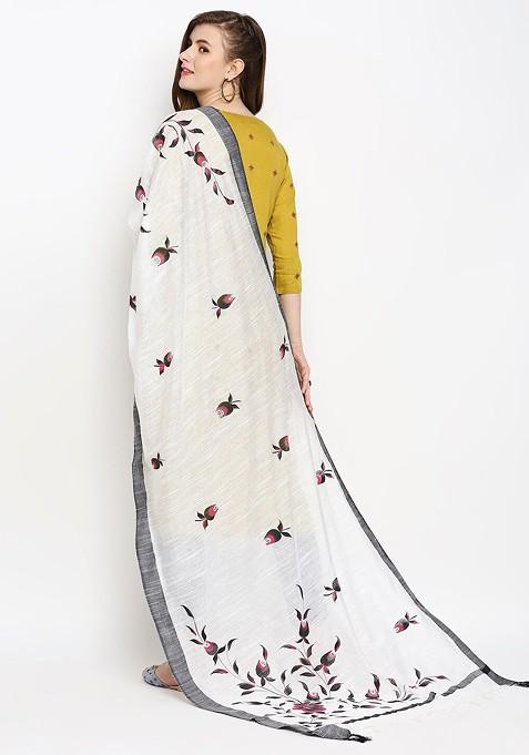 White And Grey Printed Cotton Silk Dupatta
