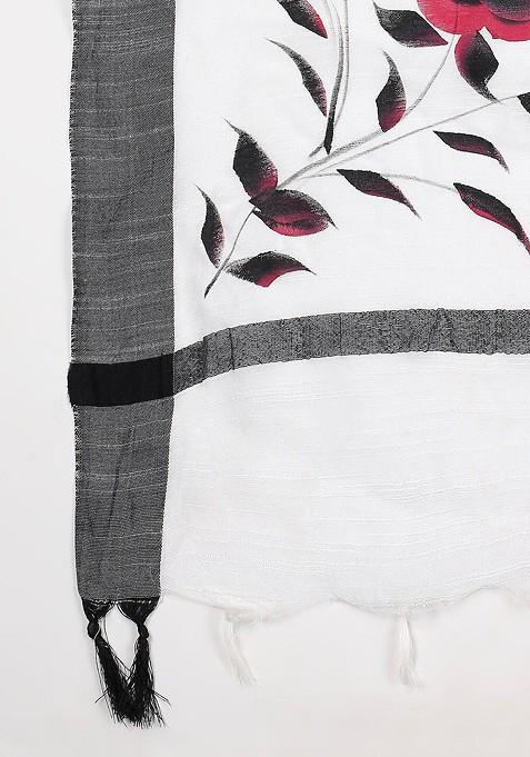 White And Grey Printed Cotton Silk Dupatta