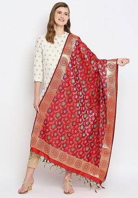 Red And Gold Toned Woven Design Dupatta