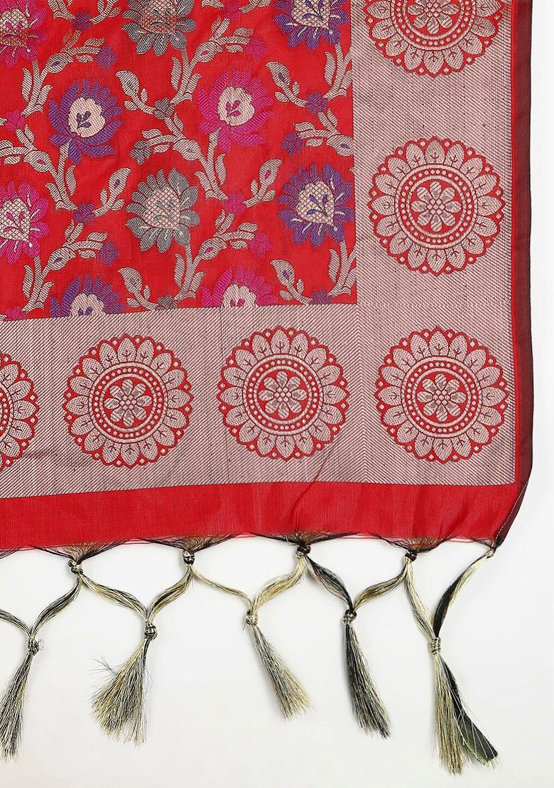 Red And Gold Toned Woven Design Dupatta