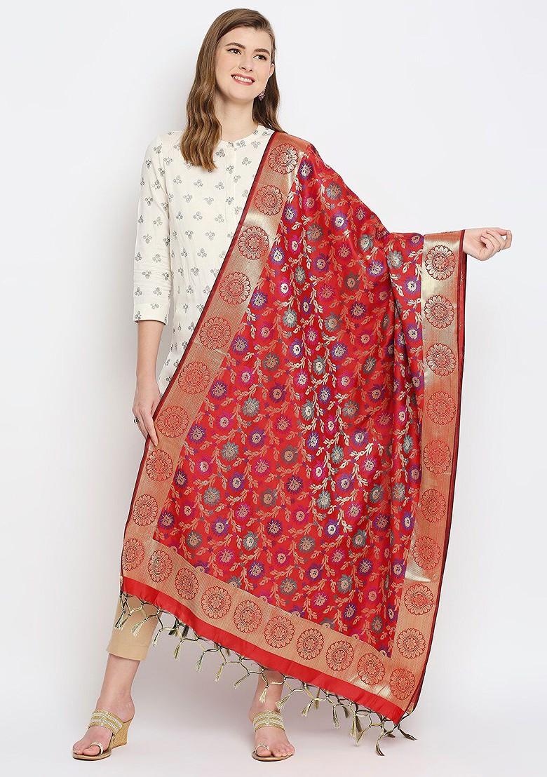 Red And Gold Toned Woven Design Dupatta