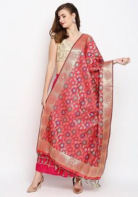 Coral And Blue Woven Design Banarasi Silk Dupatta