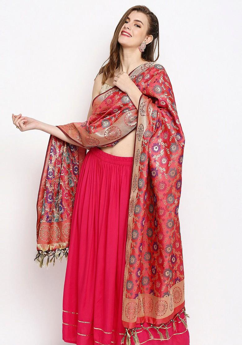 Coral And Blue Woven Design Banarasi Silk Dupatta