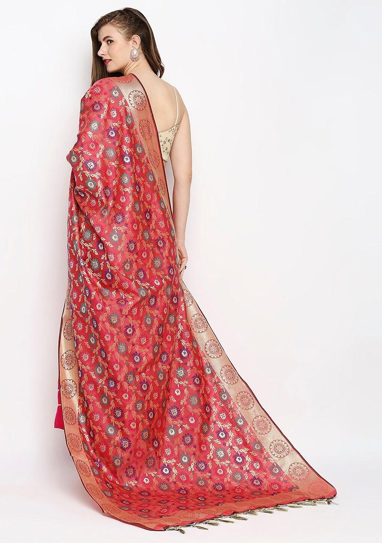 Coral And Blue Woven Design Banarasi Silk Dupatta