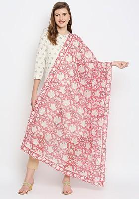 Pink And Cream Coloured Printed Pure Cotton Block Print Dupatta