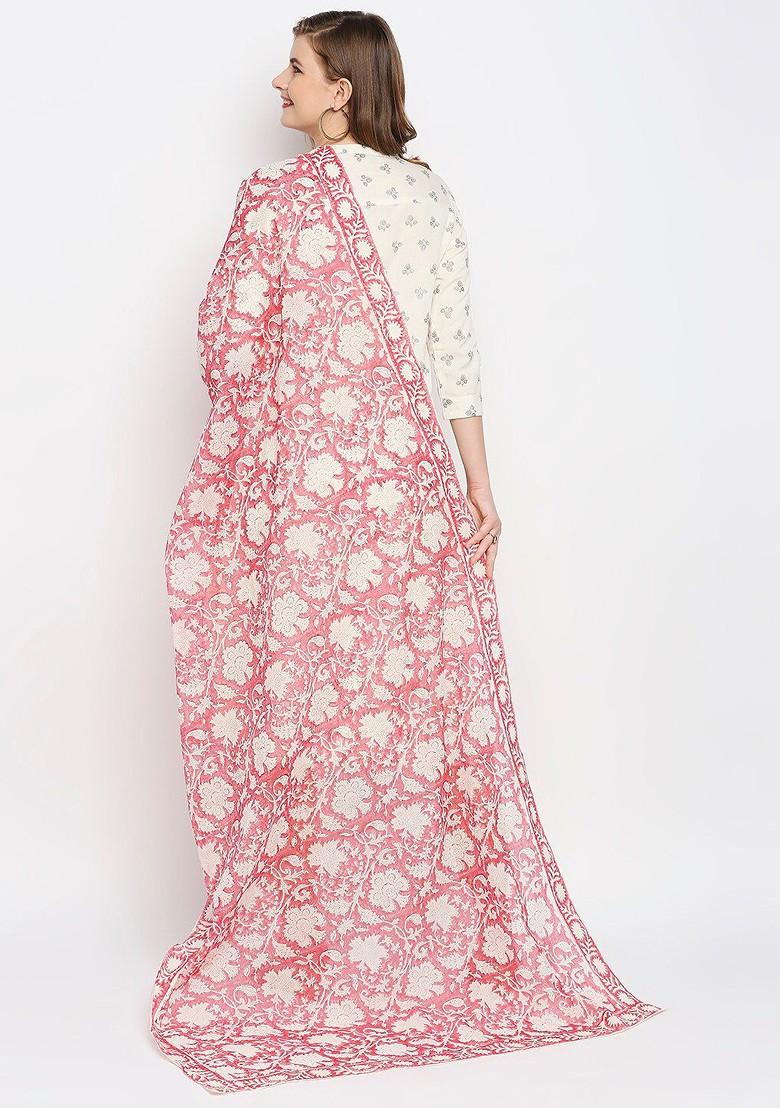 Pink And Cream Coloured Printed Pure Cotton Block Print Dupatta