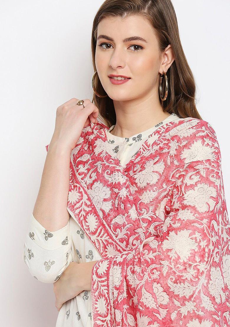 Pink And Cream Coloured Printed Pure Cotton Block Print Dupatta