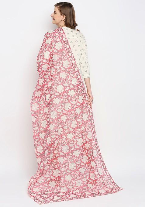 Pink And Cream Coloured Printed Pure Cotton Block Print Dupatta