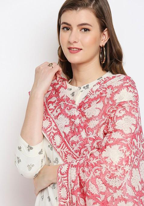 Pink And Cream Coloured Printed Pure Cotton Block Print Dupatta