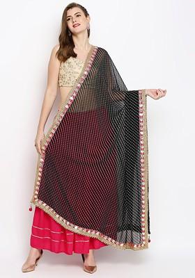 Black And White Striped Tie And Dye Dupatta With Gotta Patti