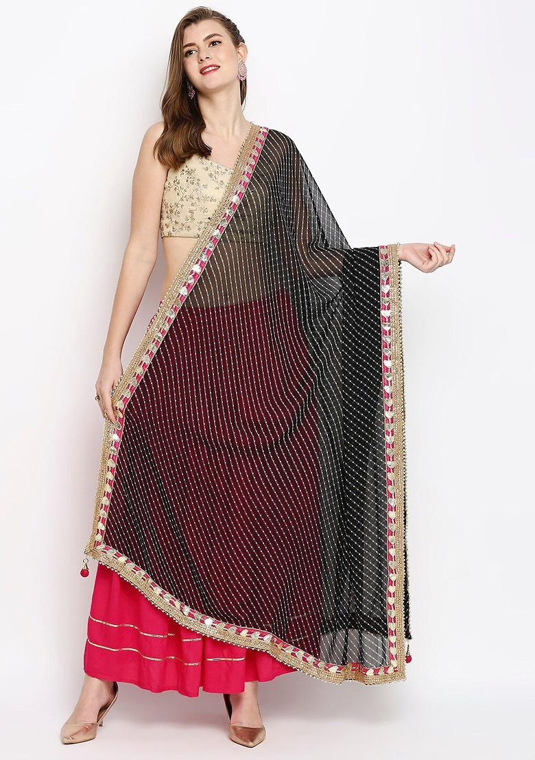 Black And White Striped Tie And Dye Dupatta With Gotta Patti