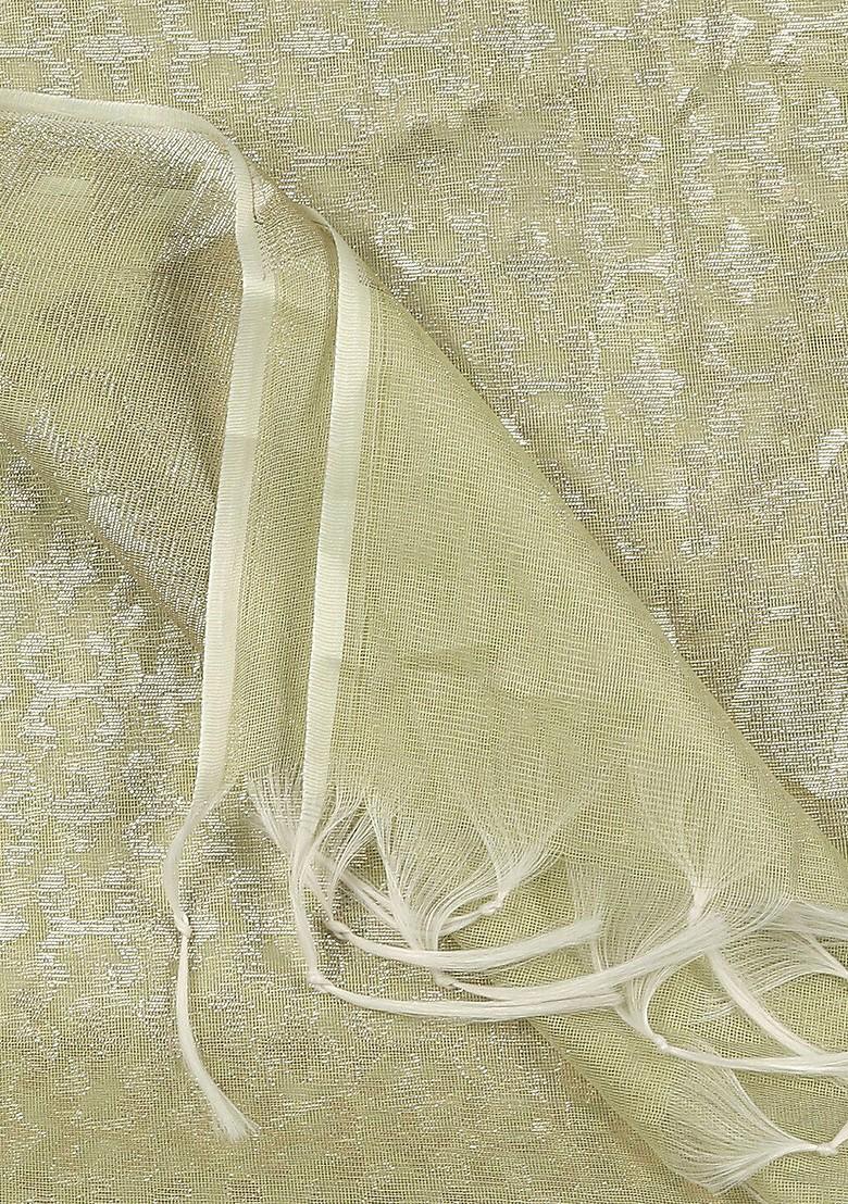 Green And Silver Toned Ethnic Motifs Woven Design Banarasi Dupatta