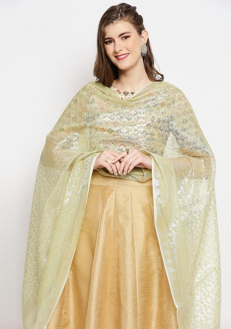 Green And Silver Toned Ethnic Motifs Woven Design Banarasi Dupatta