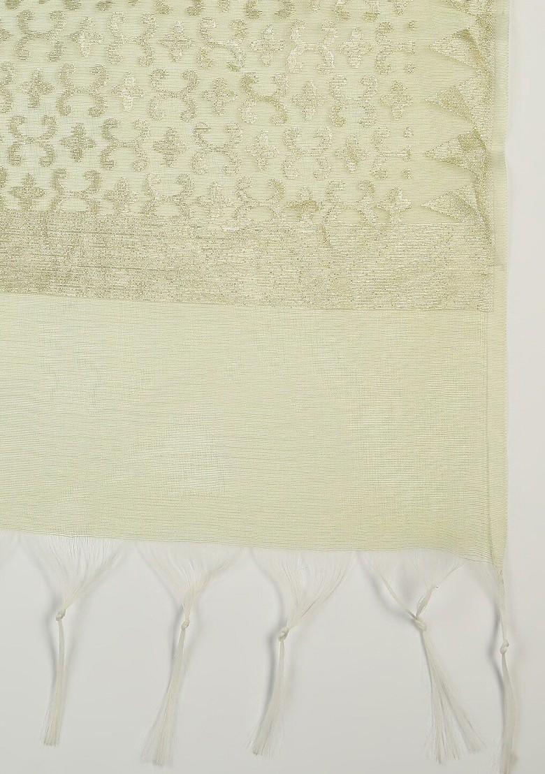 Green And Silver Toned Ethnic Motifs Woven Design Banarasi Dupatta