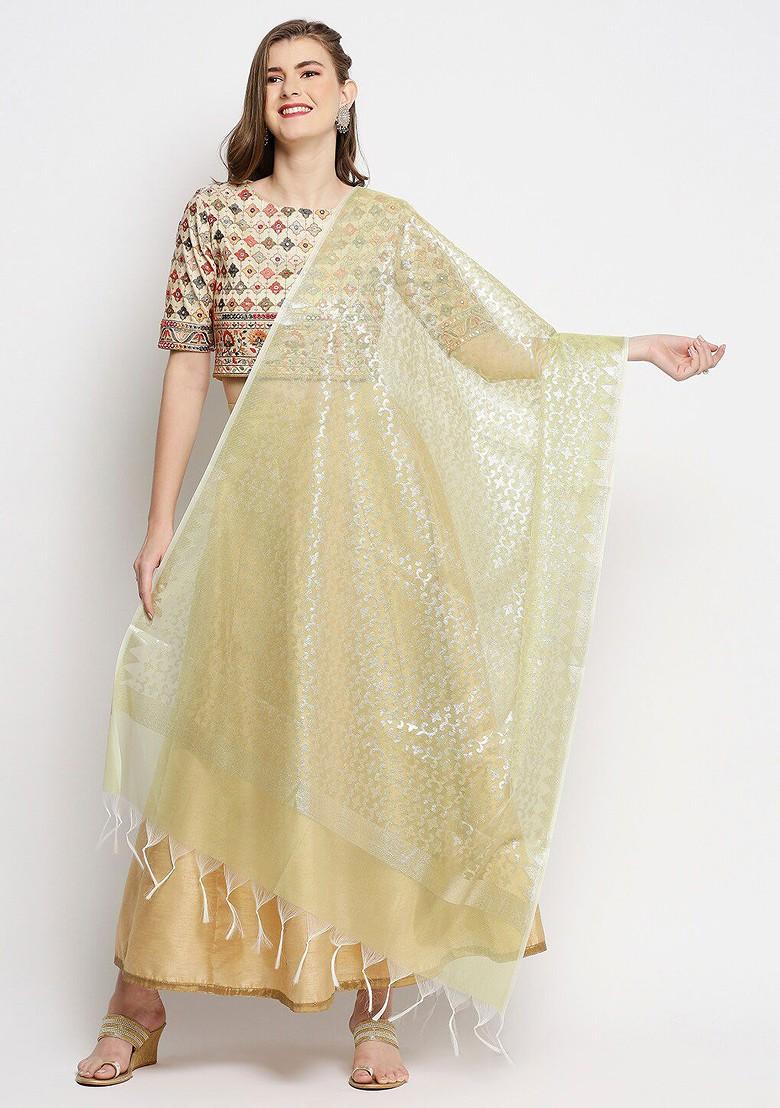 Green And Silver Toned Ethnic Motifs Woven Design Banarasi Dupatta