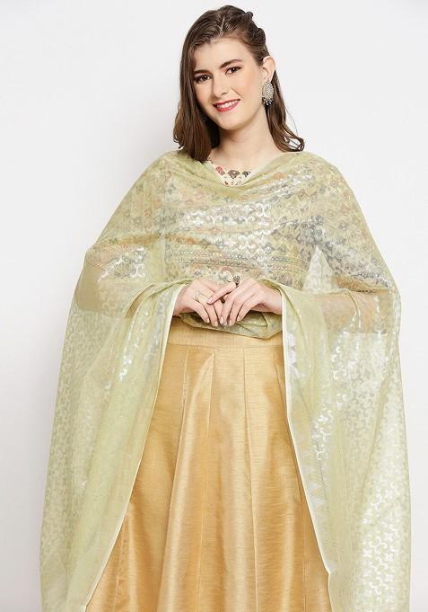 Green And Silver Toned Ethnic Motifs Woven Design Banarasi Dupatta